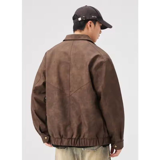 Men's Jacket Trendy Solid Color Jacket Simple American Tooling High-end PU Leather Jacket Spring and Autumn New Maillard Suede