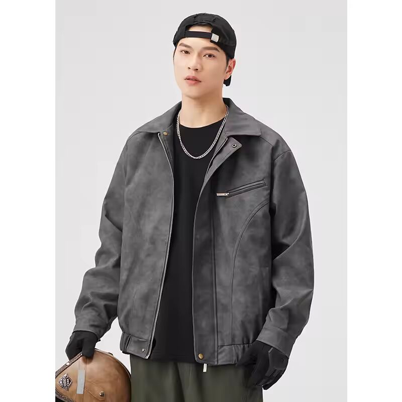 Men's Jacket Trendy Solid Color Jacket Simple American Tooling High-end PU Leather Jacket Spring and Autumn New Maillard Suede