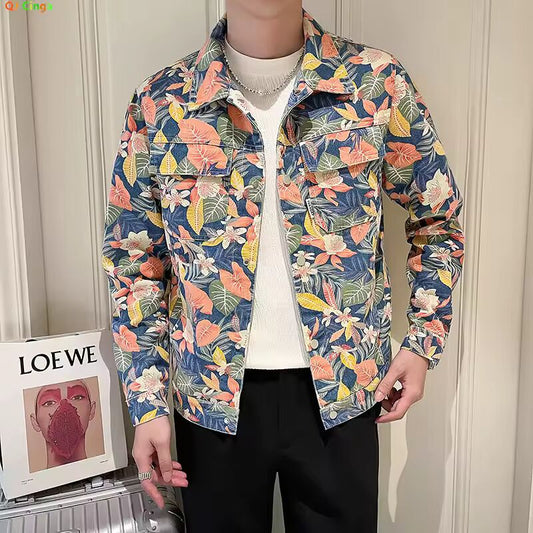 Fashion Brand Men Printed Jacket, Single-breasted Square Collar Denim Jackets, Asia Size M-4XL Male Coats