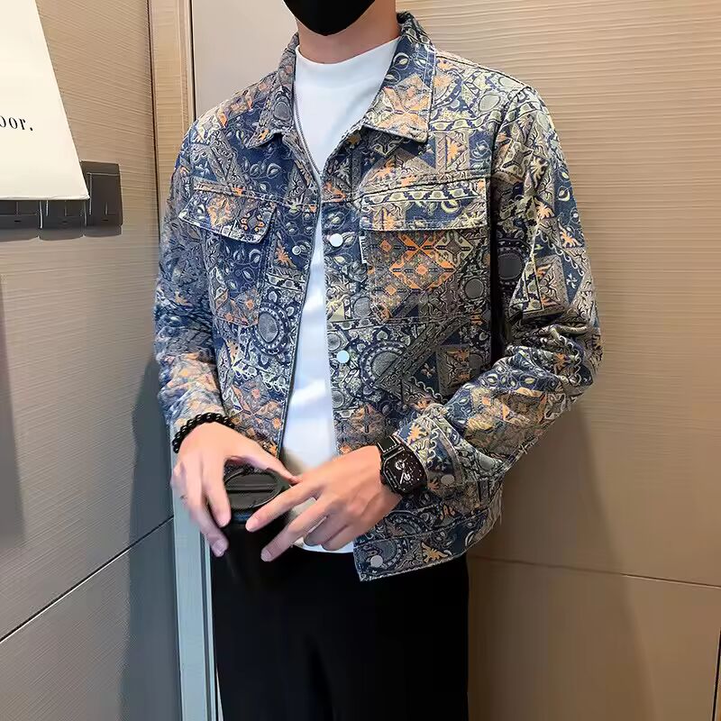 Fashion Brand Men Printed Jacket, Single-breasted Square Collar Denim Jackets, Asia Size M-4XL Male Coats