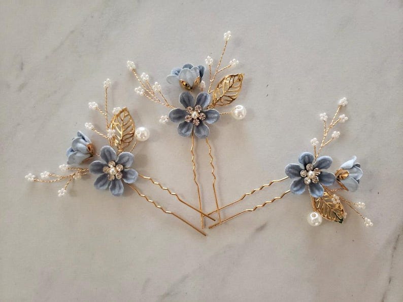 Bridal Hair Pins Pearl Crystal Flower Wedding Hair Pin Hair Jewelry Hair Vine Wedding Hair Accessory Blue and Gold Hair Piece Something Blue